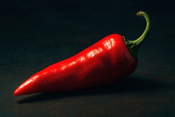 A vibrant red chili pepper with a glossy surface and a curved green stem rests on a dark textured background casting a soft shadow