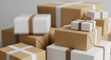 Obraz premium Wrapped gifts with white and brown ribbons in minimalist style
