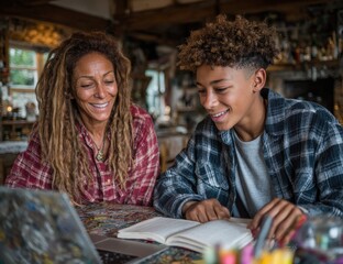 Fototapeta premium African American woman and teenage boy sitting together at a table, engaged in study with an open book and laptop, showcasing a warm and collaborative learning environment