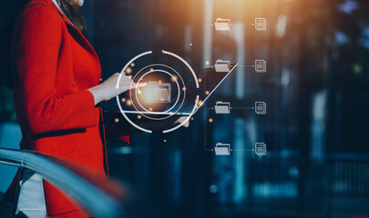 Document Management System (DMS), online documentation database and process automation to efficiently manage files, knowledge and documentation in enterprise with ERP. Corporate business technology.