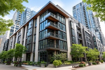 Fototapeta premium Modern residential building with large glass windows, balconies, and lush greenery, showcasing urban architecture and contemporary design in a vibrant city environment