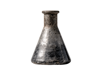 Old weathered glass laboratory flask isolated on a white background.