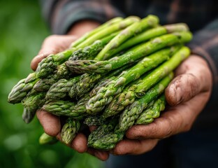 Freshly harvested green asparagus held in hands, showcasing vibrant colors and textures, surrounded by lush greenery, representing organic farming and healthy eating lifestyle