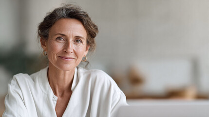 Serene portrait of a mature woman. Radiating confidence and natural beauty, this image is perfect for themes of wisdom, experience, and a modern lifestyle.