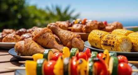 Summer bbq feast with grilled chicken, corn, and vegetable skewers outdoors