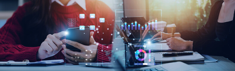 Analyst working with Business Analytics and Data Management System on computer, make a report with KPI and metrics connected to database. Corporate strategy for finance, operations, sales, marketing.
