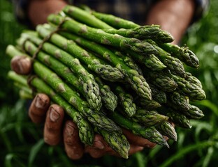 Freshly harvested green asparagus held in hands, showcasing vibrant colors and textures, surrounded by lush greenery, representing organic farming and healthy eating lifestyle