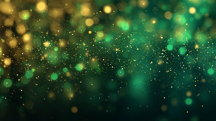 Golden glitter and bokeh on dark emerald green background. Perfect for holiday celebrations, New Year's Eve, party invitations, product displays, or any graphic design project with ample copy space.
