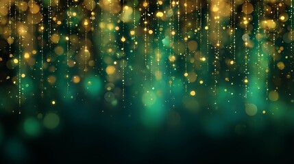 Christmas lights background. Golden glitter and bokeh on dark emerald green background. Perfect for holiday celebrations, New Year's Eve, party invitations, product displays, or any design project.
