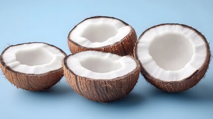 Fresh coconut halves arranged on light blue background for healthy food concept
