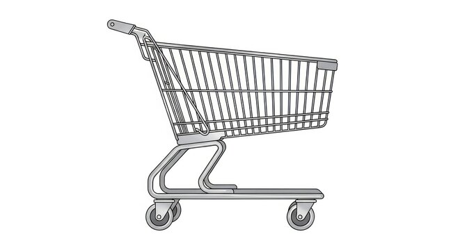 A side view of a metallic, wheeled shopping cart, empty, with a handle and open basket, set against a white background - Powered by Adobe