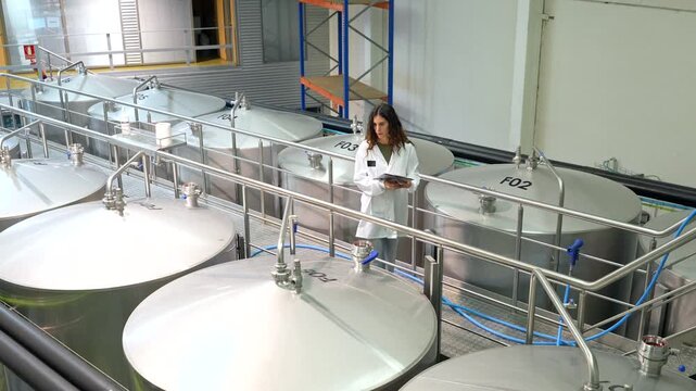 Brewery technician inspecting beer fermentation tanks