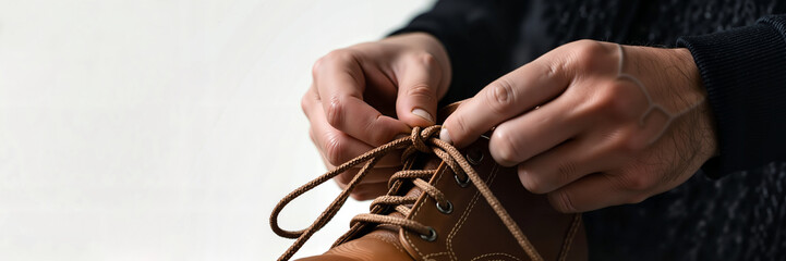 Hands tying shoelaces on brown boots with a neutral background  