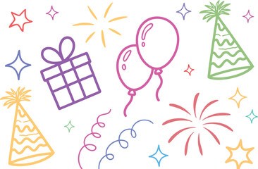 Whimsical hand drawn birthday party elements with balloons gifts hats and fireworks on white background