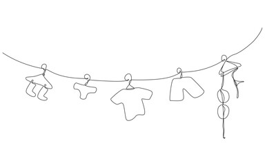 Minimal continuous one line drawing of various clothes hanging on a line, symbolizing simplicity, everyday life, and gentle rhythm in domestic scenes. Vector Editable stroke