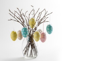 Easter bare branches in vase with hanging pastel painted eggs on white backdrop against bright whitespace