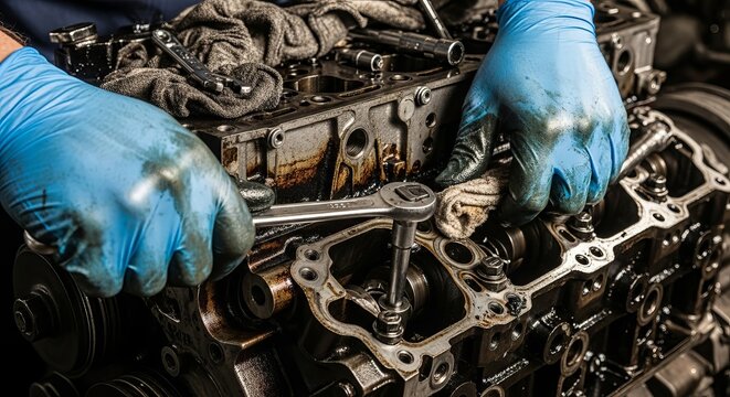 Engine repair mechanic automotive maintenance service wrench tools garage workshop motor cylinder head piston auto industry vehicle - Powered by Adobe