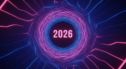 Digital Gateway: Futuristic design concept. Vibrant lines of pink and blue converge around a central focal point. A captivating representation of technology and the future.