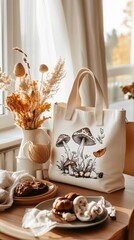 Decorative tote bag with mushroom design in cozy autumn interior scene