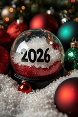Festive christmas snow globe with 2026 text amidst colorful holiday ornaments and snow