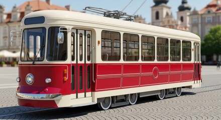 Vintage red city tram in historical urban setting for travel and culture design