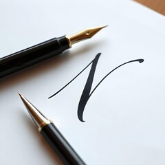Two elegant black pens frame a beautiful, bold script capital 'N' on white paper