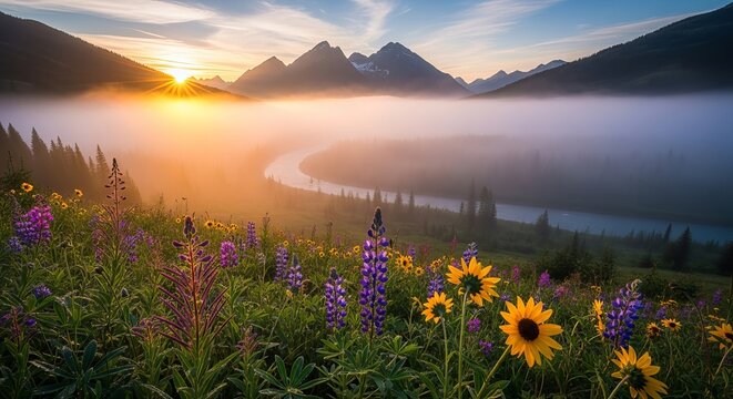 Mountain landscape sunrise flowers meadow river fog nature scenic beauty tranquility peaceful idyllic serene morning light golden hour