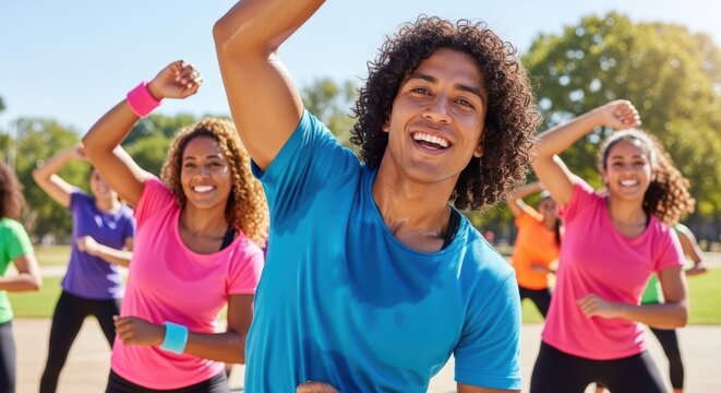 Energetic outdoor zumba class in the park with happy people exercising