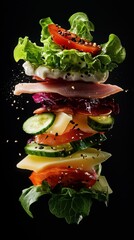 Vibrant tower of fresh vegetables and ham against black background