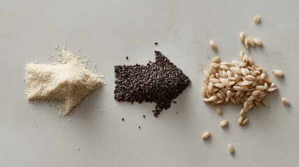 Grains arranged in arrow shapes on gray surface: quinoa, chia, barley
