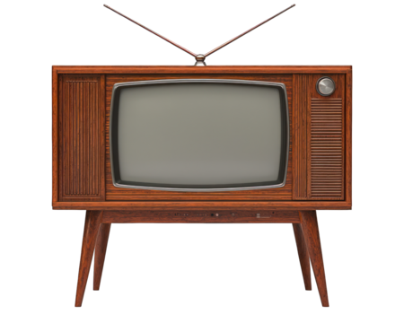 Vintage wooden TV with rabbit ears and stand, blank screen