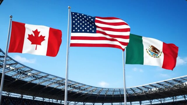 United by sport stadium waves USA Mexico Canada flags symbolizing unity competition excitement
