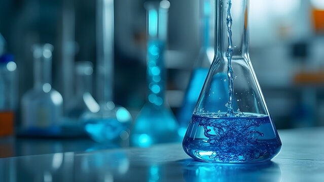 Laboratory Erlenmeyer Flask Blue Liquid Pouring Science Experiment