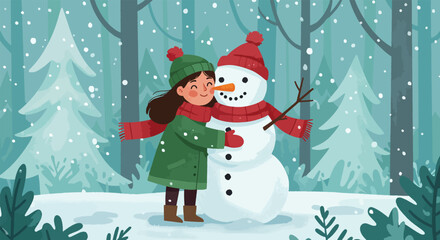 A happy child hugs a snowman in a snowy forest scene.