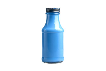 Small glass bottle containing a bright blue opaque liquid isolated.