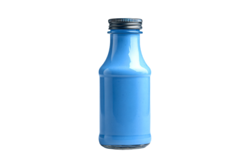 Small glass bottle containing a bright blue opaque liquid isolated.