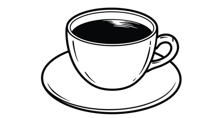 A simple black and white illustration of a steaming cup of coffee on a saucer.