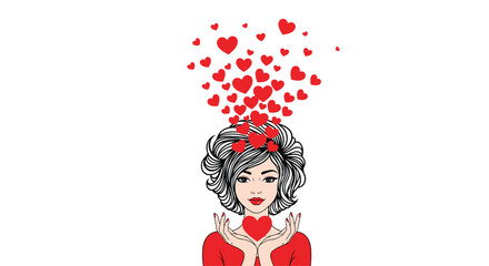 Fototapeta premium A woman with curly hair and red top holds a heart symbol in her hands while many hearts float up into the air from her head.