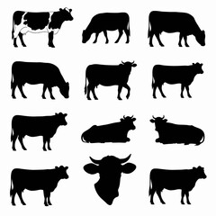 Cow and calf silhouette farm animal vector illustration set