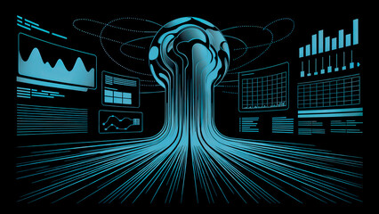 Abstract digital representation of data flow and analysis with charts and a central sphere of information