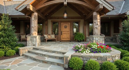 Fototapeta premium Elegant stone steps lead to a wood-framed entry. A wooden door is nestled beneath an arch, framed by pillars, a bench, and greenery