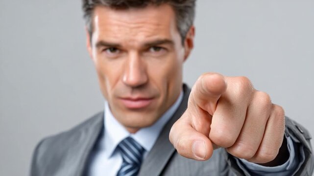 Directing Attention: A focused and confident man in formal attire, with a serious expression, pointing directly at the viewer. Evoking a sense of determination and assertion.