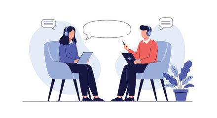 Two people in headphones talking with laptops and speech bubbles.