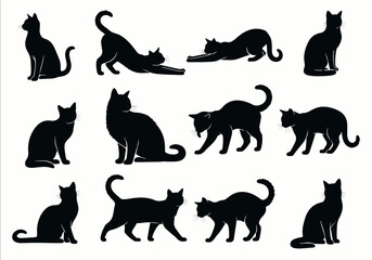 Black vector silhouettes of domestic cat in a collection set