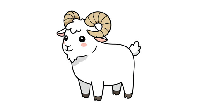Adorable Cartoon Ram with Large Curled Horns and Fluffy White Wool.