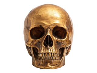 Front view detailed human skull replica in golden metallic finish isolated on transparent background