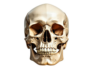 Front view detailed human skull replica in natural bone color isolated on transparent background