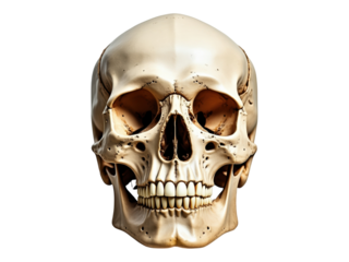 Front view detailed human skull replica in natural bone color isolated on transparent background