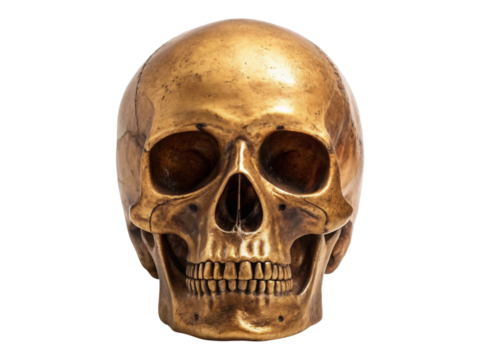 Front view detailed human skull replica in golden metallic finish isolated on transparent background