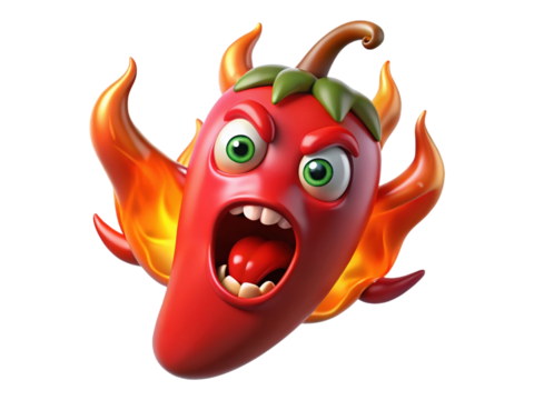 Furious red chili pepper character with green leaves, expressive face, and fiery wings on transparent background